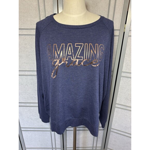 C Est 1946 Amazing Grace Graphic Long Sleeve Top 22/24W Navy Gold Metallic Scrip - Picture 1 of 7